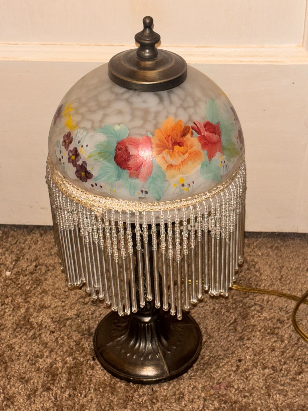 Vintage Hand Painted Floral Beaded Lamp - Bronze Base